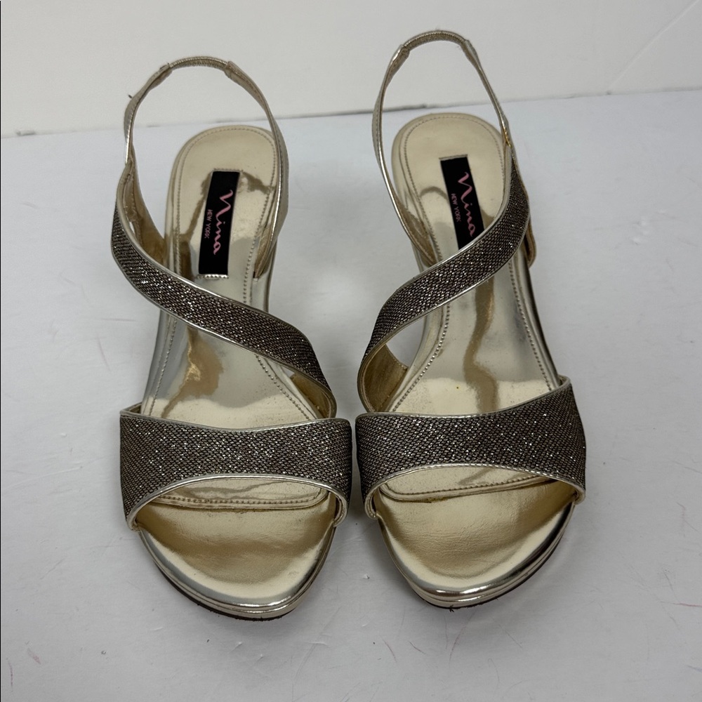 Nina Newark Gold Gunmetal Kitten Heels Formal Evening Geometric Size 9 Prom